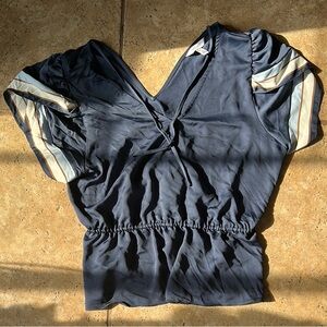 Nine West Blue Wrap Fitted Short Sleeve Blouse